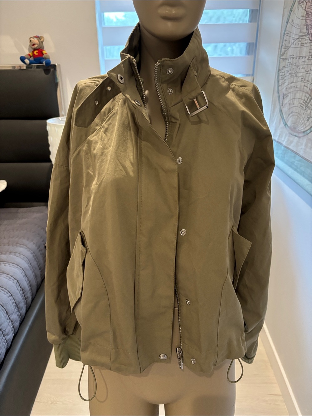 Blank NYC Olive Green Bomber Jacket with High Collar